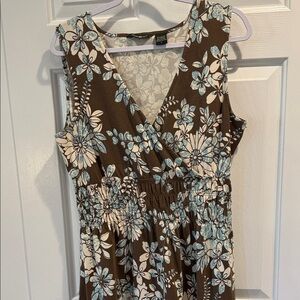 Eddie Bauer Sleeveless Dress Brown Cream Teal Floral 95% Cotton Size Large